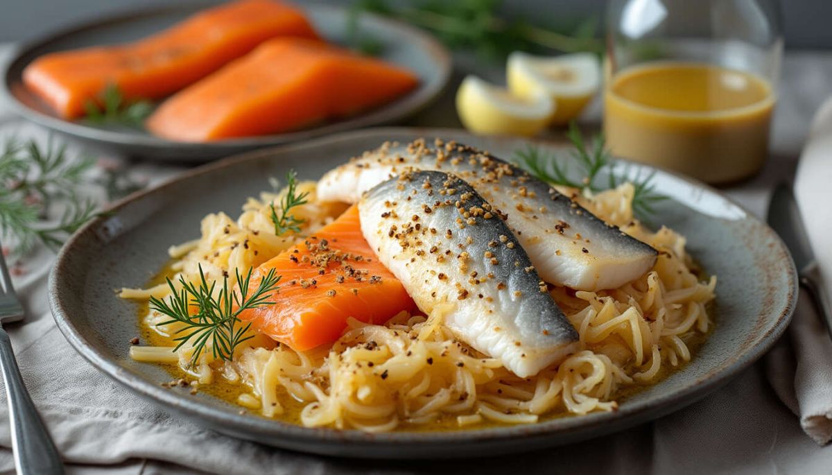 Panaché de poissons sur nid de choucroute : recette sauce hollandaise