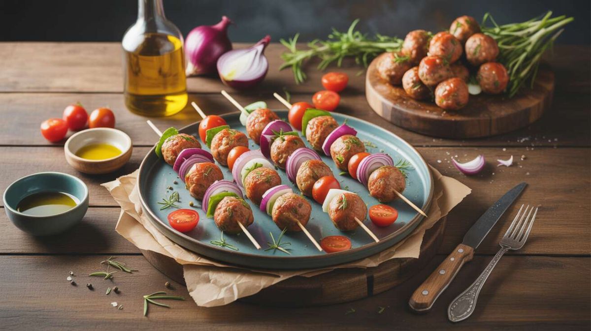 Des brochettes légères de boulettes de dinde, tomate et oignon rouge pour barbecue